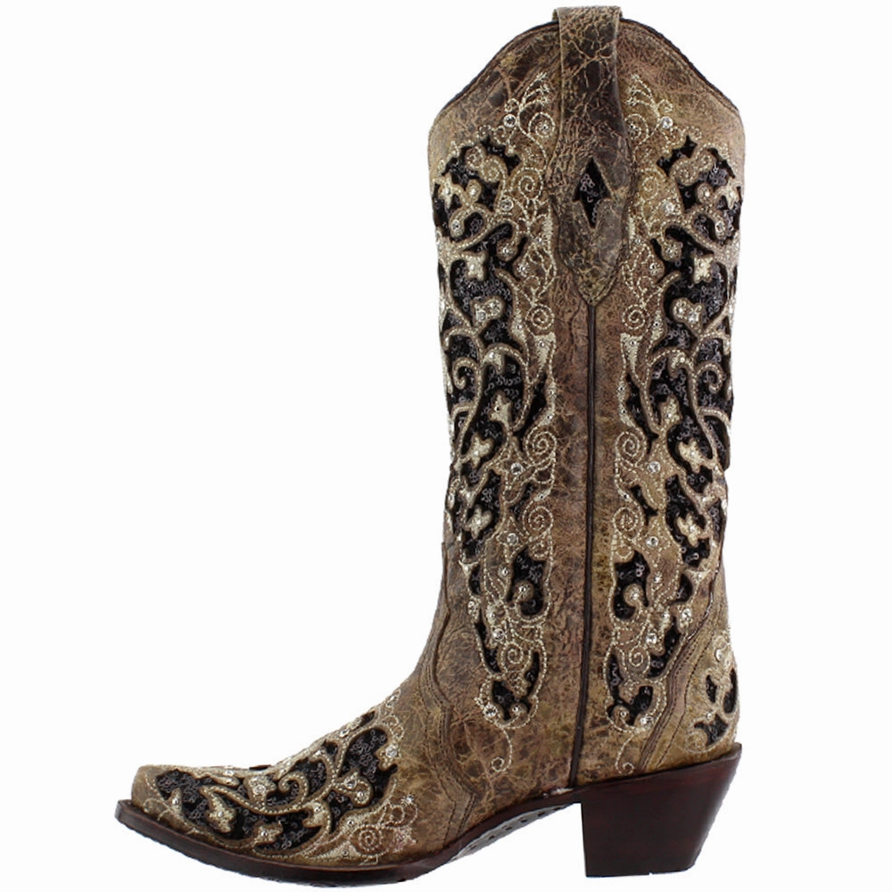 ground grip Sequin Tooled Inlay Snip Toe Pull On Cowboy Boots