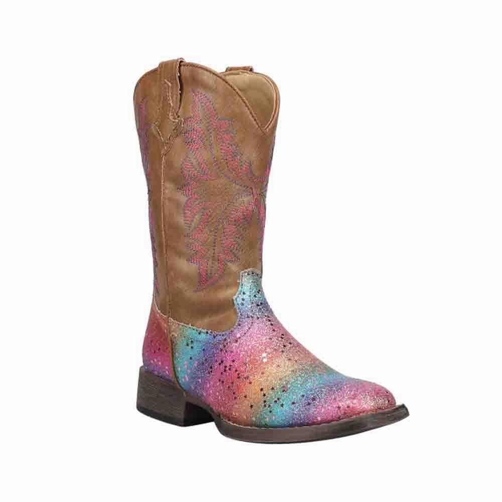Rainbow Glitter Square Toe Cowboy Boots (Little Kid) Rugged Built Hiking Trails