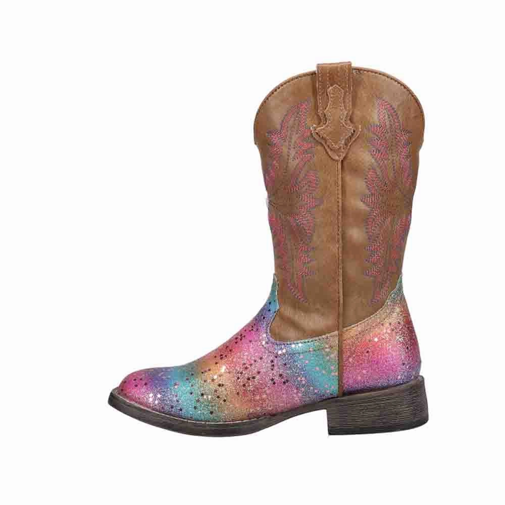 Rainbow Glitter Square Toe Cowboy Boots (Little Kid) Thermal Regulating Layer Rubberized Tread