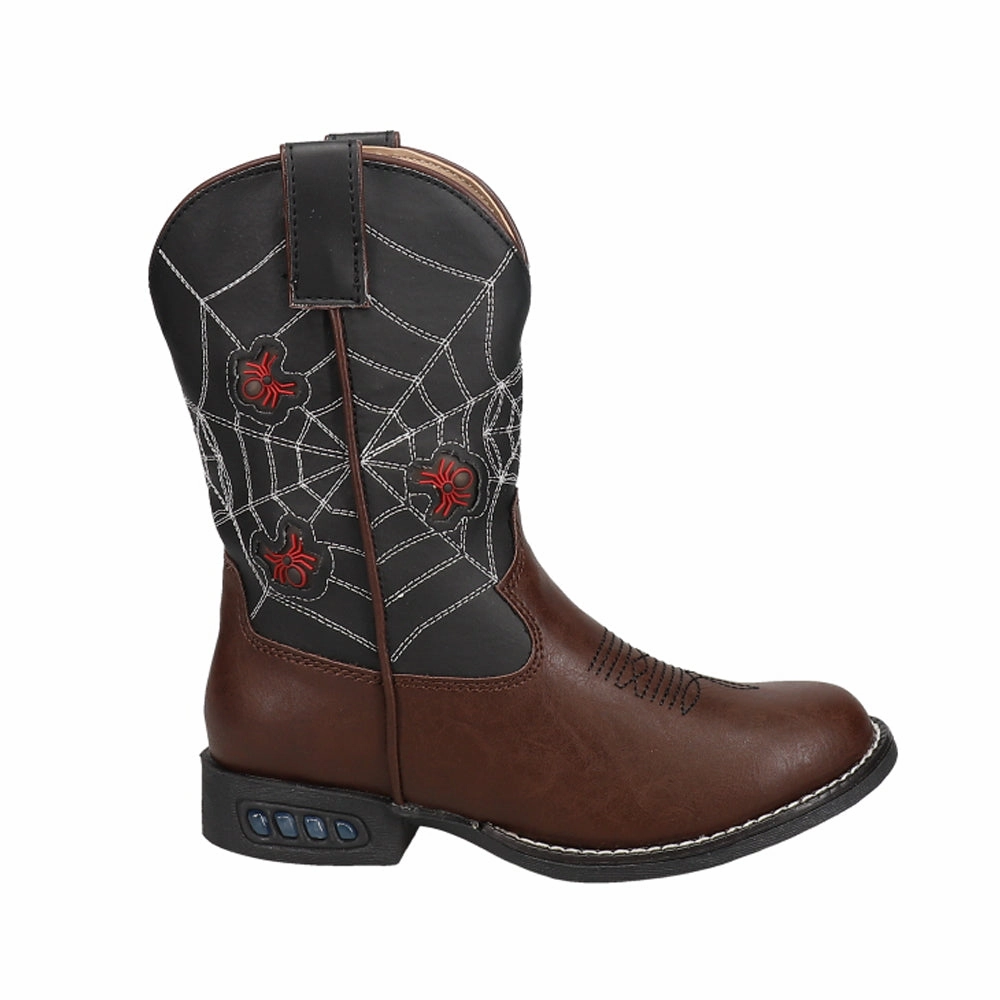 Protective Finish Urban Commute Trendy Vibe Spider Web Light Up Round Toe Cowboy Boots (Toddler-Little Kid)