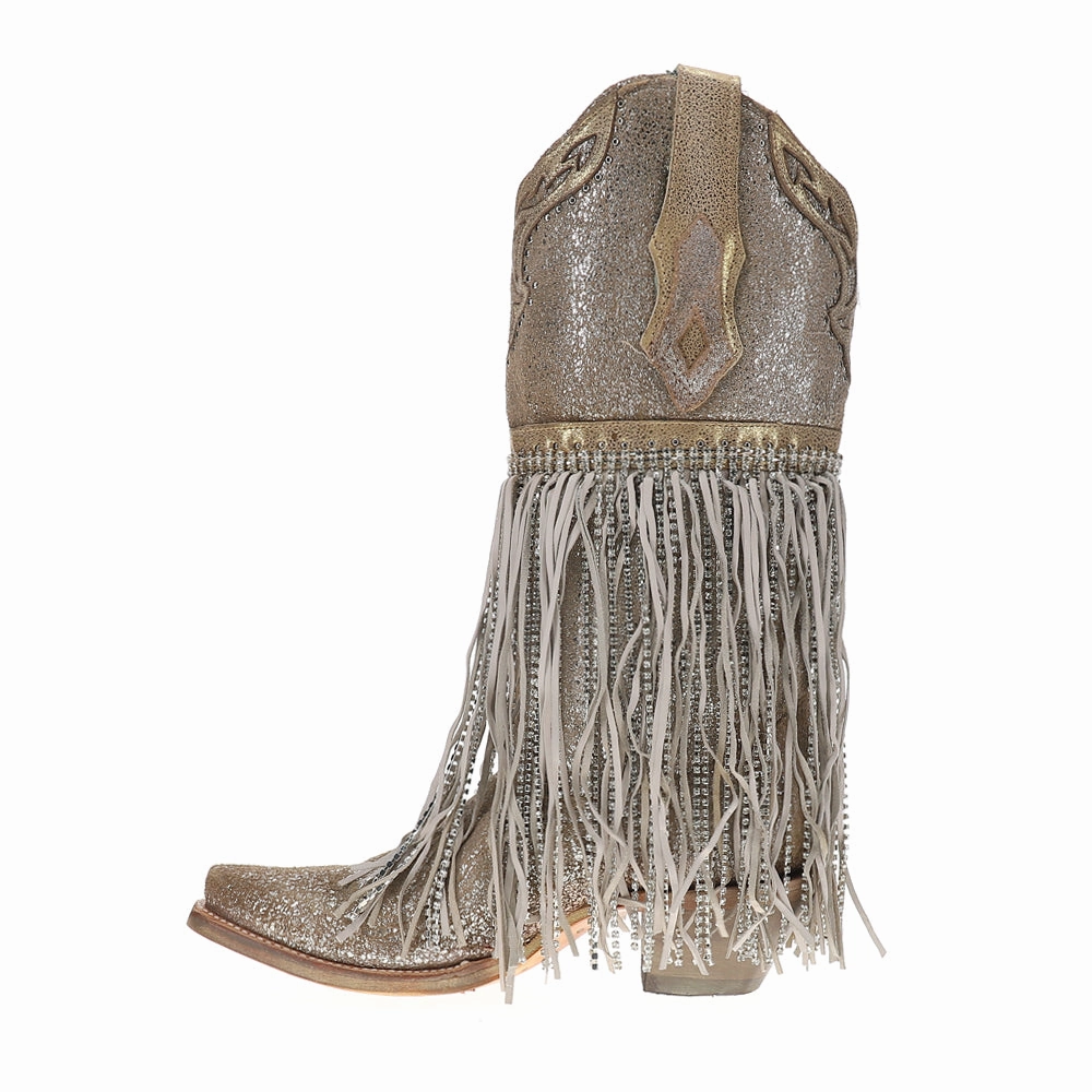 Gloss Shine Silver-Gold Finish With Crystal Fringe Harness And Studs Snip Toe Cowboy Boots