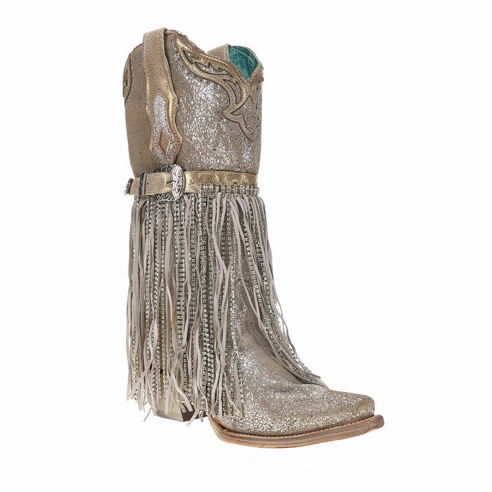 Crisp Finish Silver-Gold Finish With Crystal Fringe Harness And Studs Snip Toe Cowboy Boots