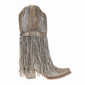 Insulated Mountain Hike Ultra Comfort Silver-Gold Finish With Crystal Fringe Harness And Studs Snip Toe Cowboy Boots