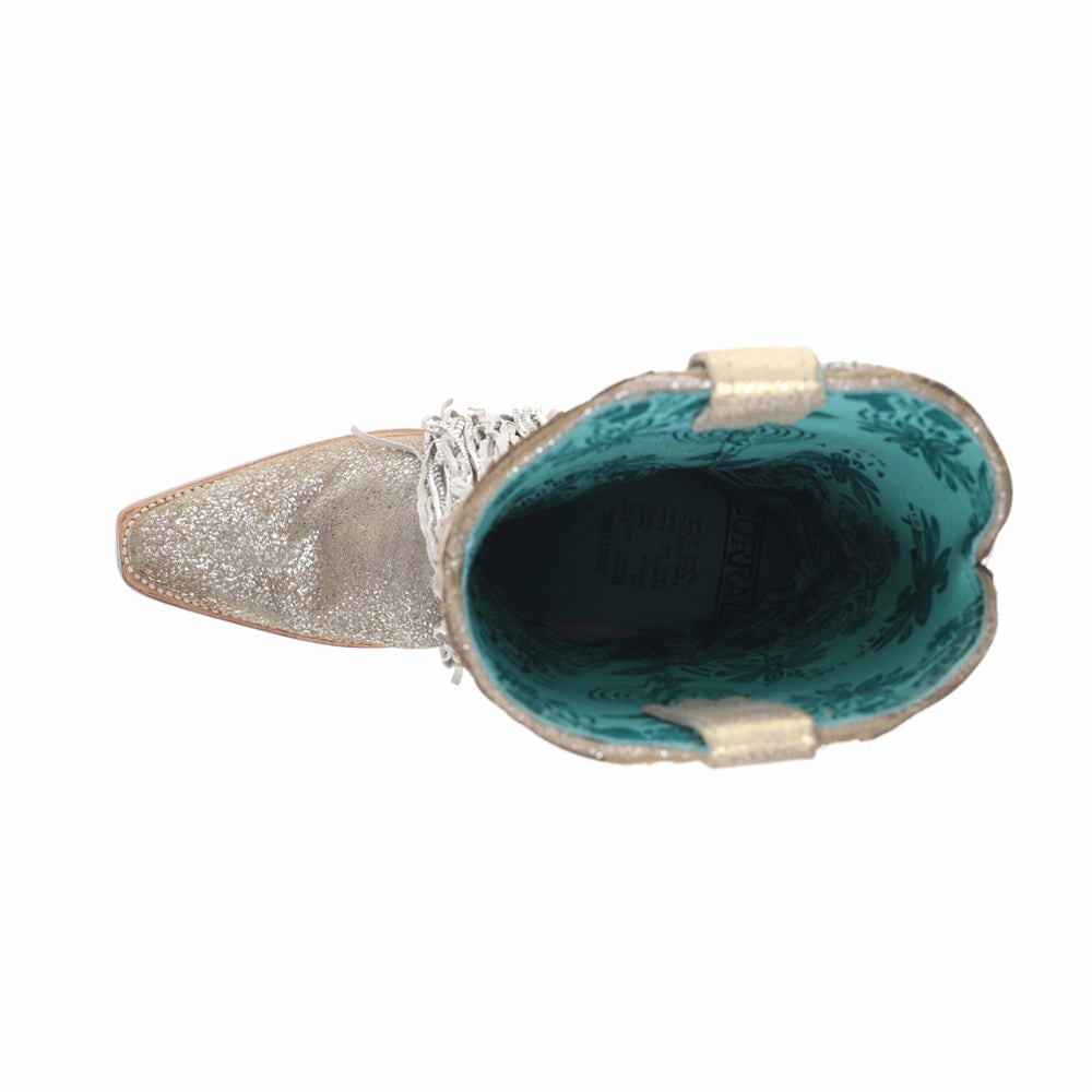 Breathable Cold Climate Silver-Gold Finish With Crystal Fringe Harness And Studs Snip Toe Cowboy Boots