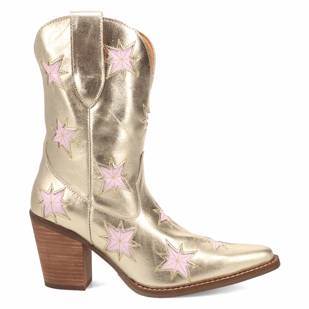 Starburst Metallic Tooled Inlay Snip Toe Pull On Cowboy Booties french chic Non Marking Tread