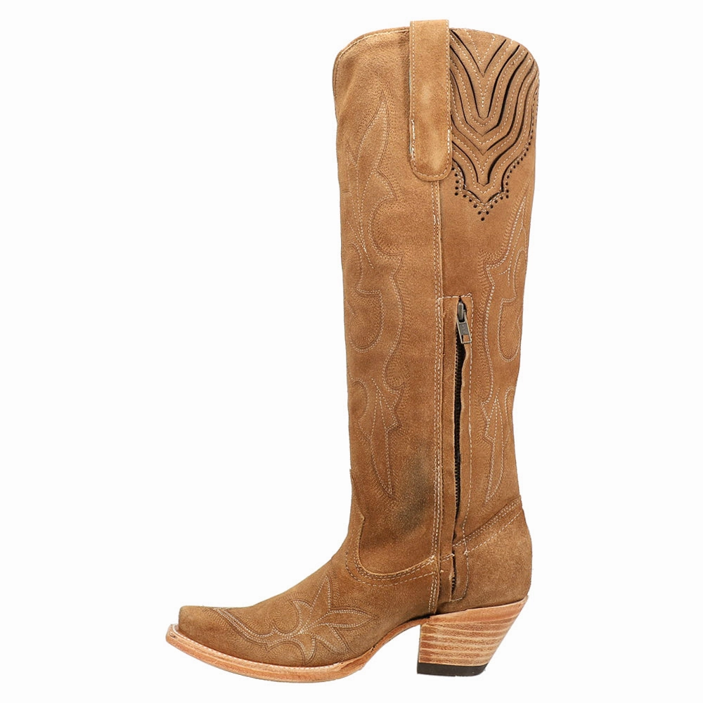 Suede Embroidered Tall Snip Toe Cowboy Boots Gold Shine
