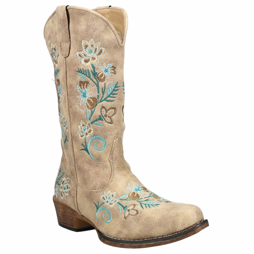Insulated Night Travel Motor Edge Riley Floral Embroidered Snip Toe Cowboy Boots