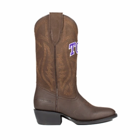 Texas Christian University Embroidered Round Toe Pull On Cowboy Boots Premium Leather