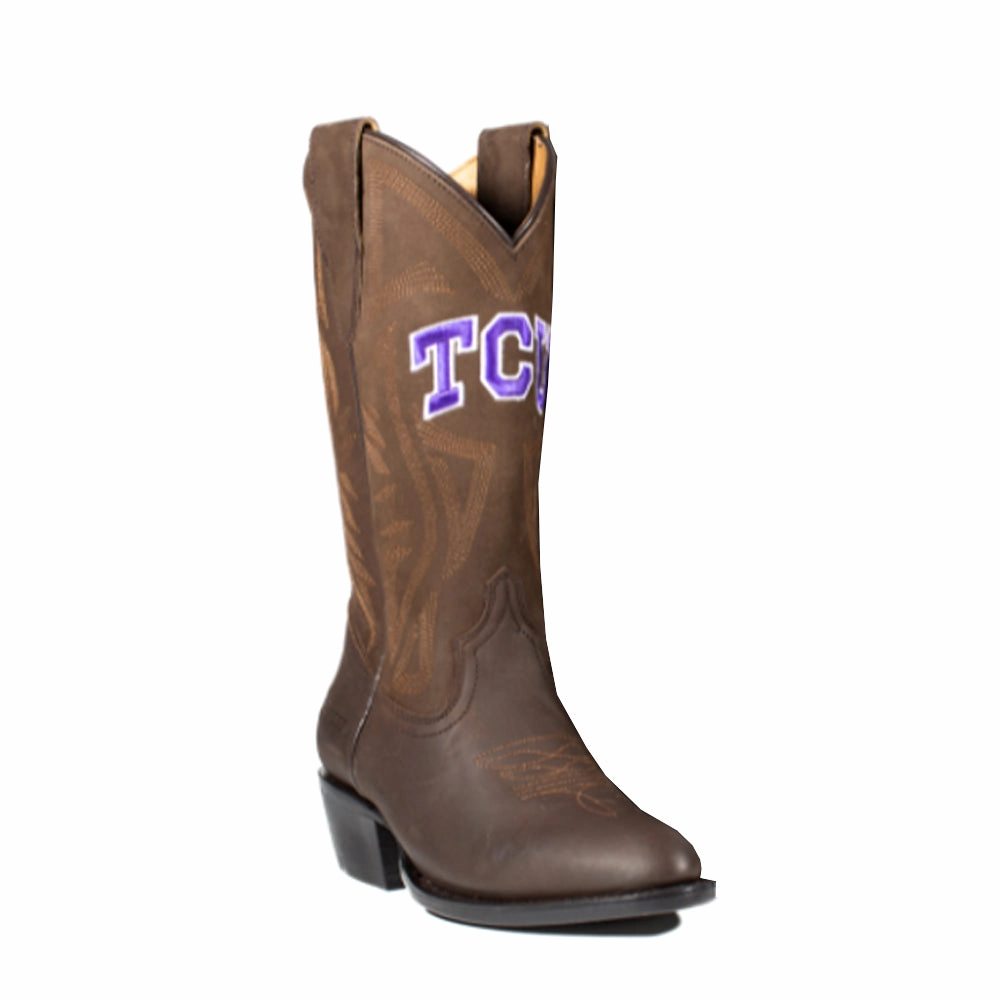 Urban Fit Texas Christian University Embroidered Round Toe Pull On Cowboy Boots