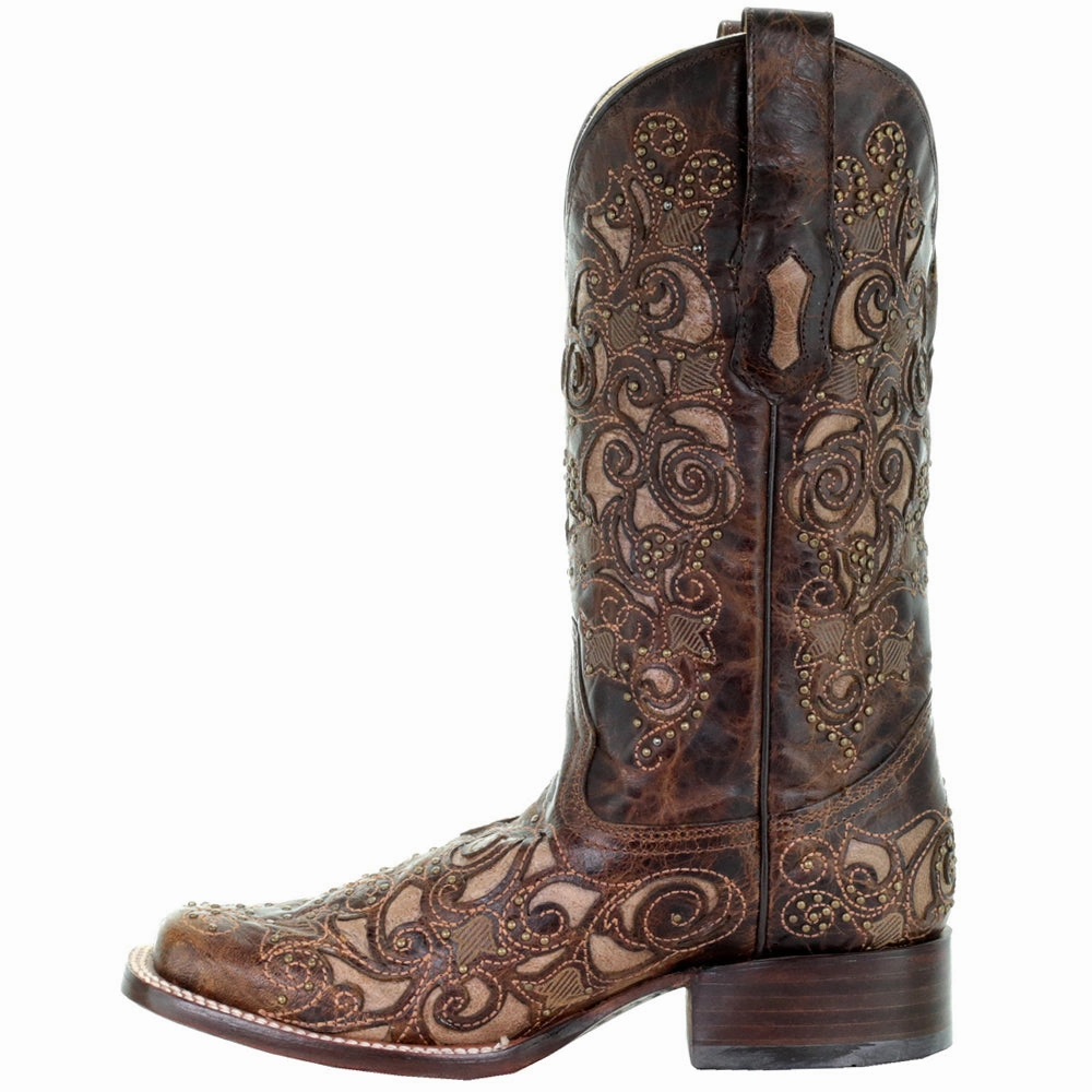 Rough Ready Cozy Footwear Embroidered Tooled Inlay Square Toe Pull On Cowboy Boots