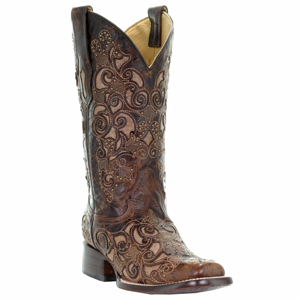 Slip Resistant Outdoor Trek Embroidered Tooled Inlay Square Toe Pull On Cowboy Boots