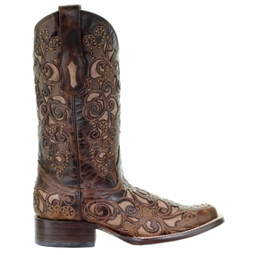 High-Quality Leather Comfortable Grip Embroidered Tooled Inlay Square Toe Pull On Cowboy Boots