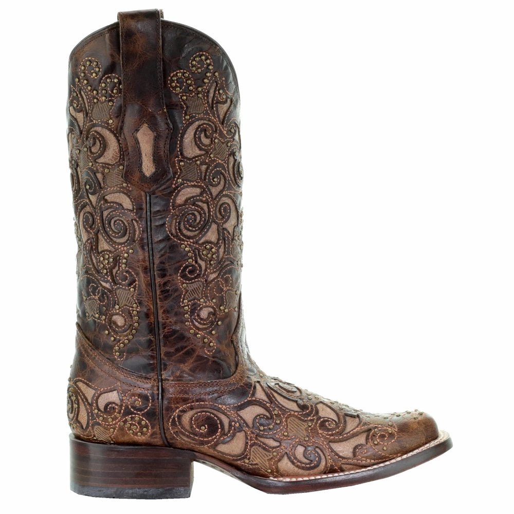 High-Quality Leather Comfortable Grip Embroidered Tooled Inlay Square Toe Pull On Cowboy Boots