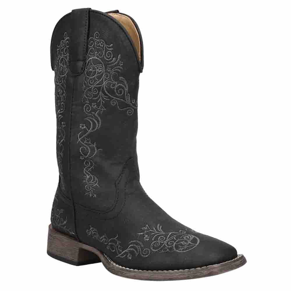Riley Scroll Embroidered Square Toe Cowboy Boots Impact Absorbing Heel
