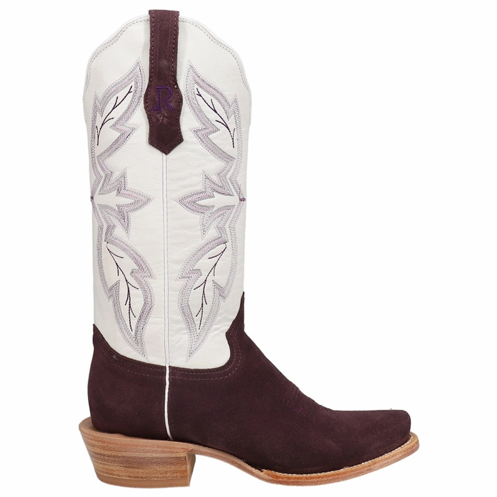Rough Out Plum Embroidered Narrow Square Toe Cowboy Boots Water Guard Mesh Upper