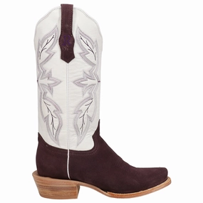 Rough Out Plum Embroidered Narrow Square Toe Cowboy Boots Water Guard Mesh Upper