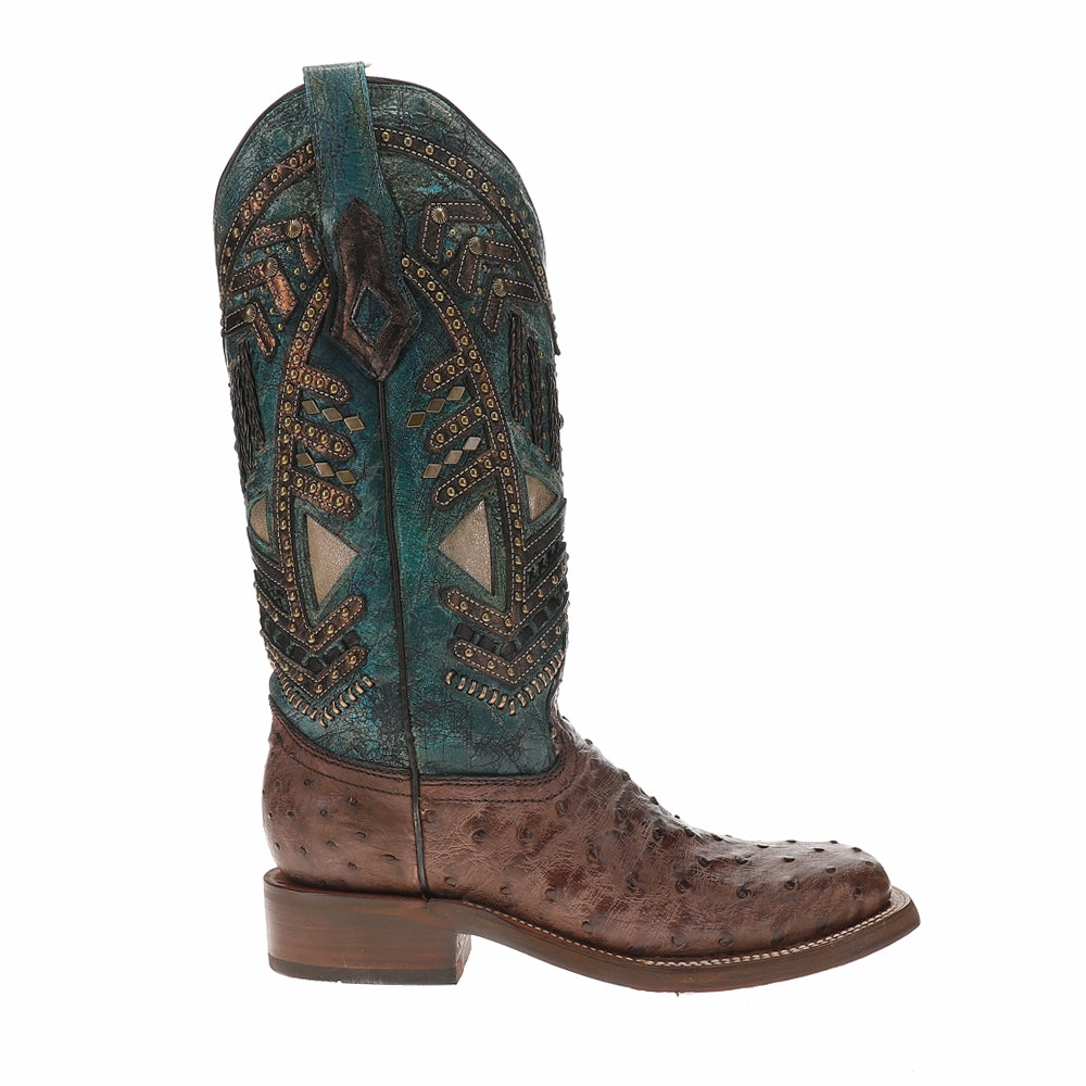 Pull On Style Turquoise Embroidery Studded With Woven Detail Brown Ostrich Square Toe Rodeo Boots