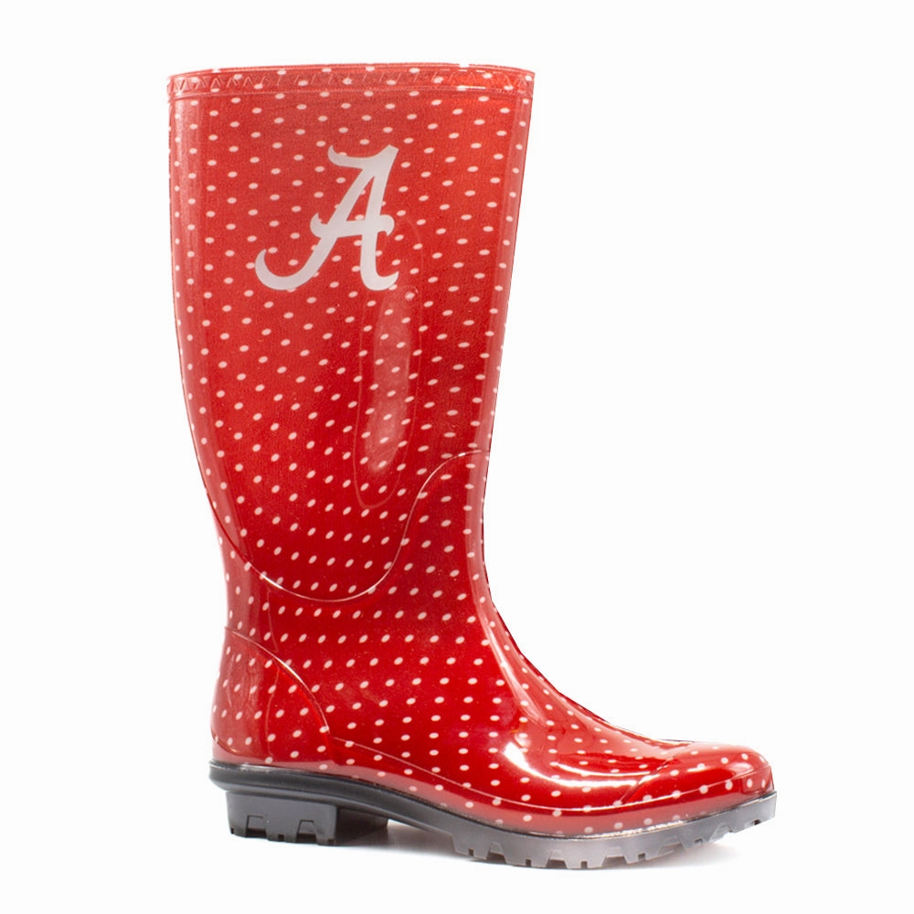 University of Alabama Polka Dot Round Toe Rain Boots Cushioned Step Weekend Wanderer Noise Reducing Heel