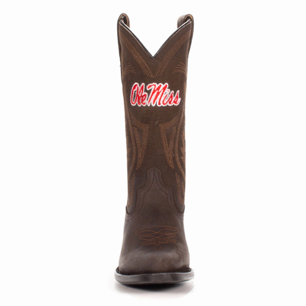 University of Mississippi Embroidered Round Toe Pull On Cowboy Boots No Laces