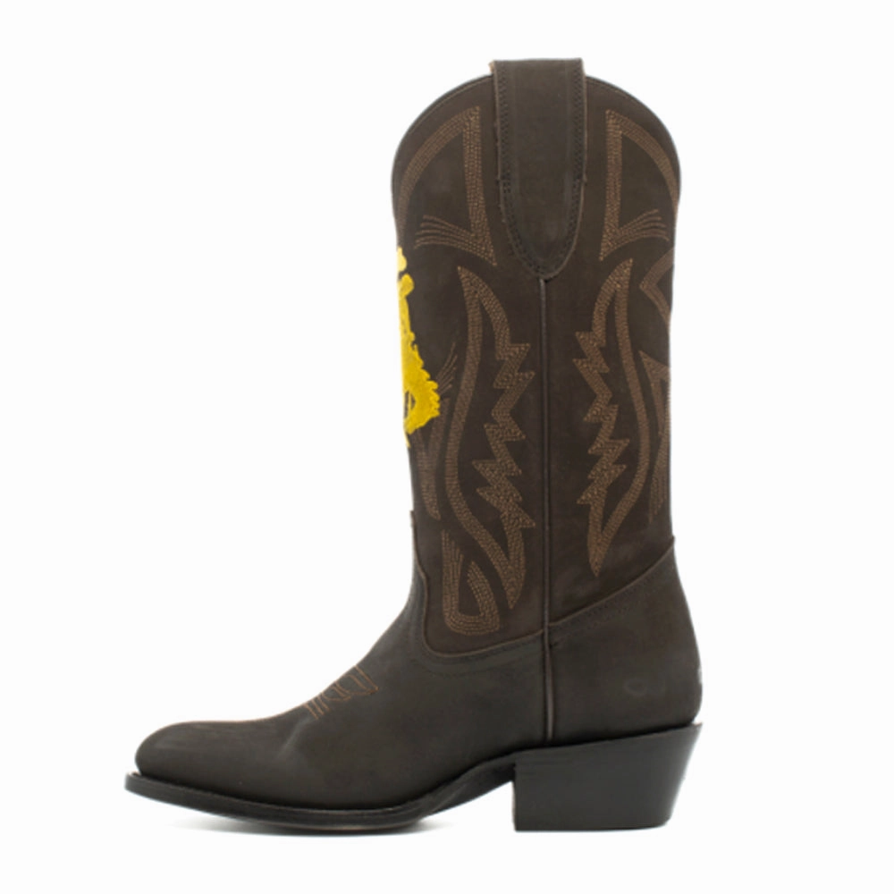 Shock Absorbing Rough Terrain Minimal Build University of Wyoming Embroidered Round Toe Pull On Cowboy Boots