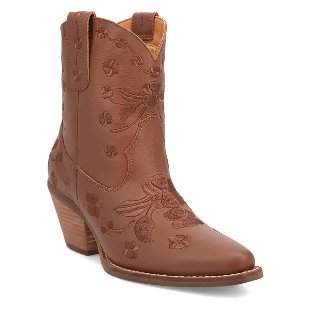 Sweetheart Floral Embroidered Snip Toe Pull On Cowboy Booties Rubber Sole Heel Stabilizer