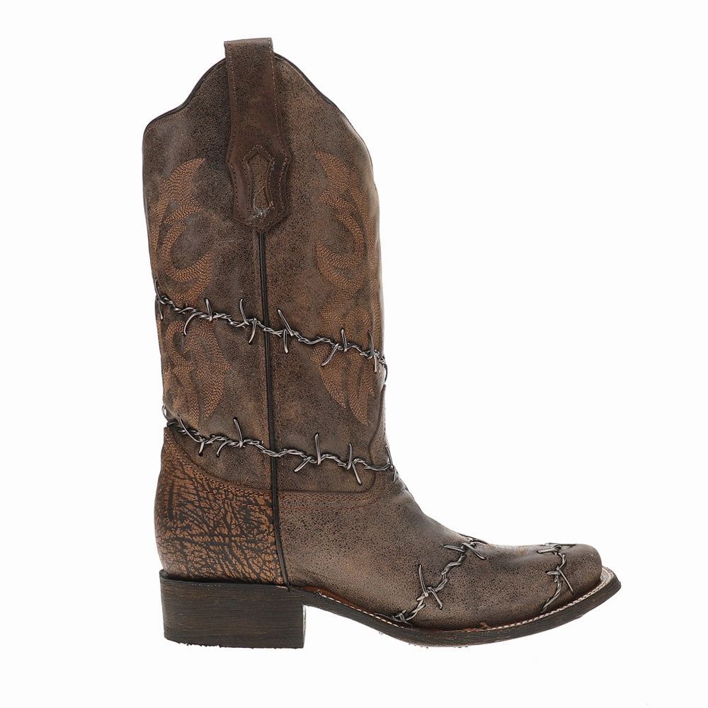 Insulated Adventure Journey Weekend Fit Brown Woven Barbed Wire Square Toe Rodeo Cowboy Boots