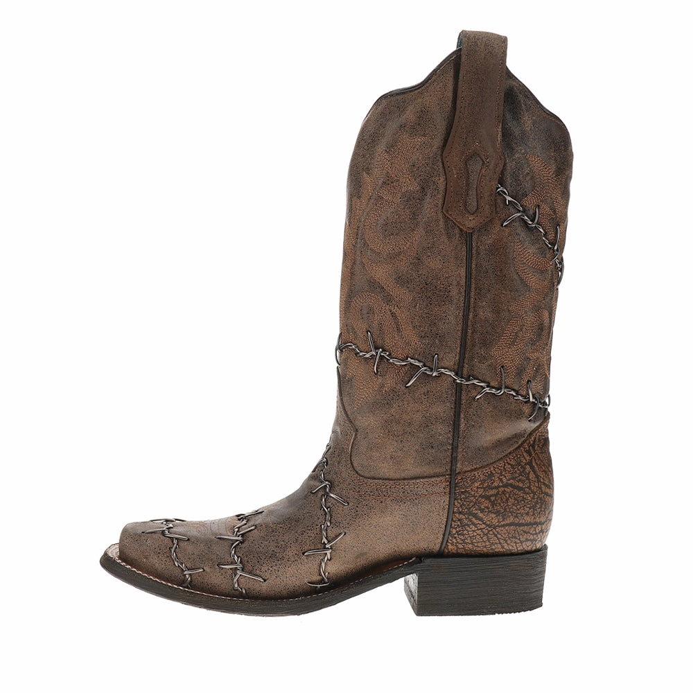 Winter Trek Brown Woven Barbed Wire Square Toe Rodeo Cowboy Boots
