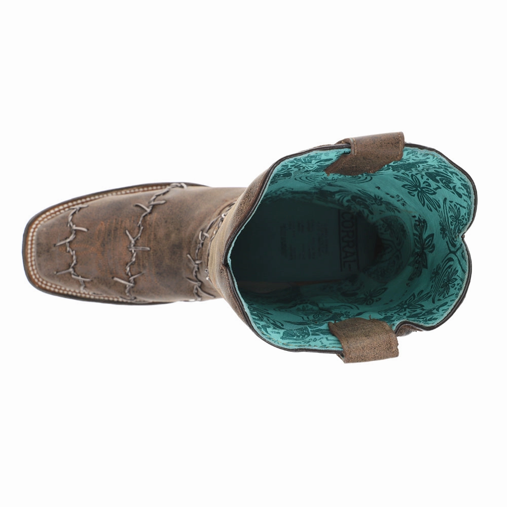 Durable Design Brown Woven Barbed Wire Square Toe Rodeo Cowboy Boots