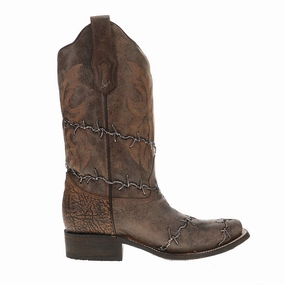Insulated Adventure Journey Weekend Fit Brown Woven Barbed Wire Square Toe Rodeo Cowboy Boots