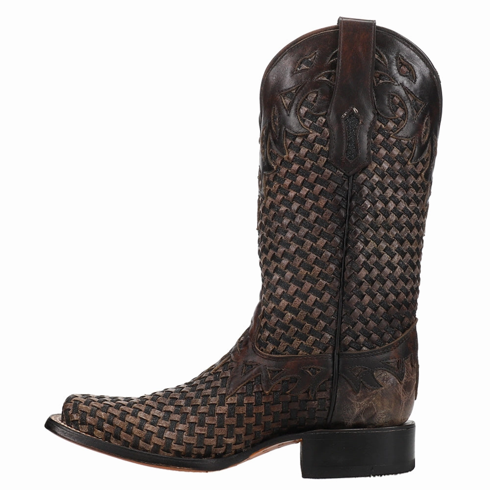 Woven Square Toe Pull On Cowboy Boots High Traction