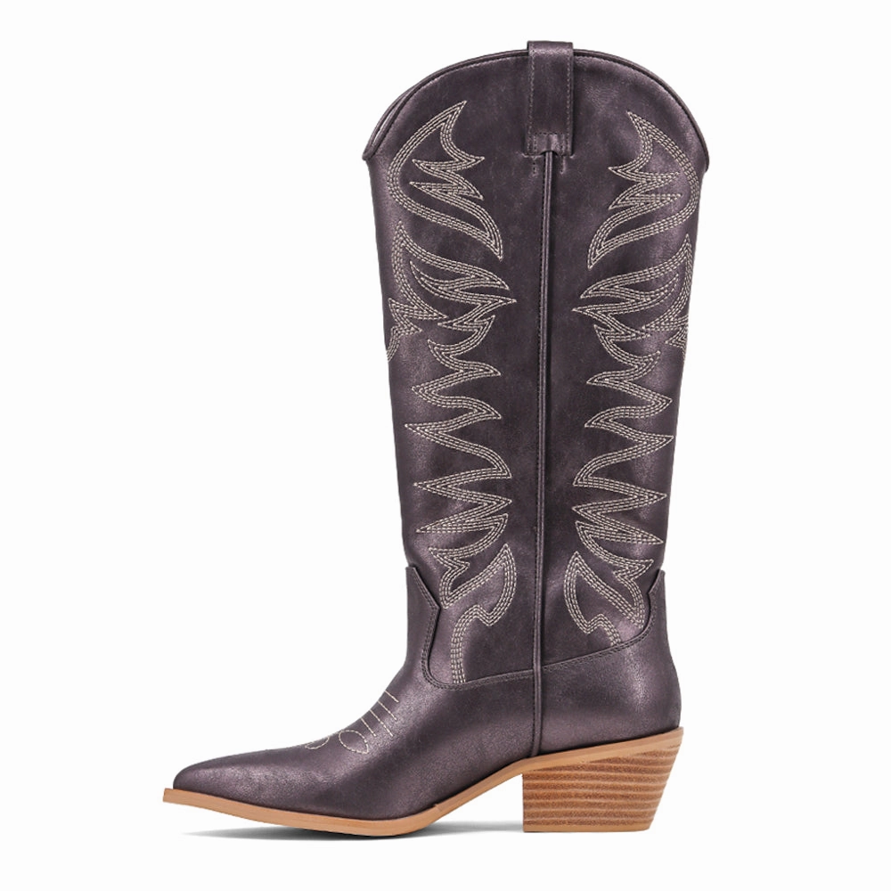 Eco Material Rural Traveler Flexible Outsole Zerena Embroidered Metallic Pointed Toe Pull On Cowboy Boots